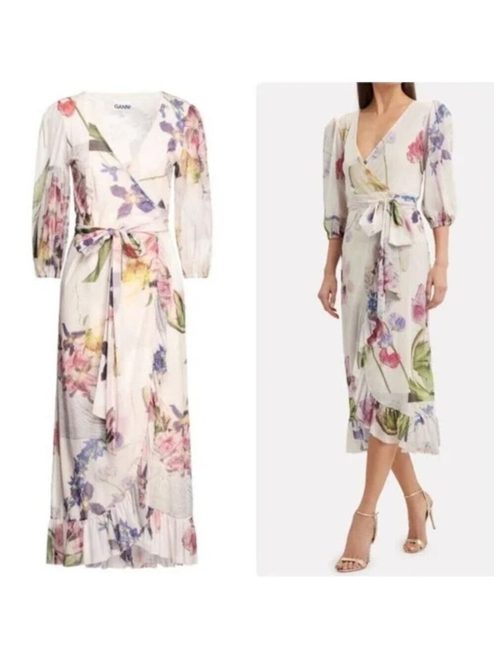 ๐ธGANNI Tilden Mesh Floral Print Mesh Wrap Dress | Size 36 S Watercolor Midi